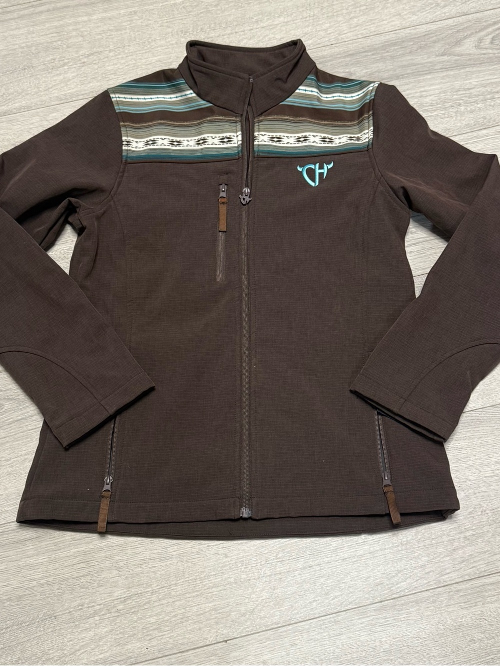 Southwest Cowgirl Hardware Brown Aztec Stripe Zip-Up Jacket Teal Accents Country